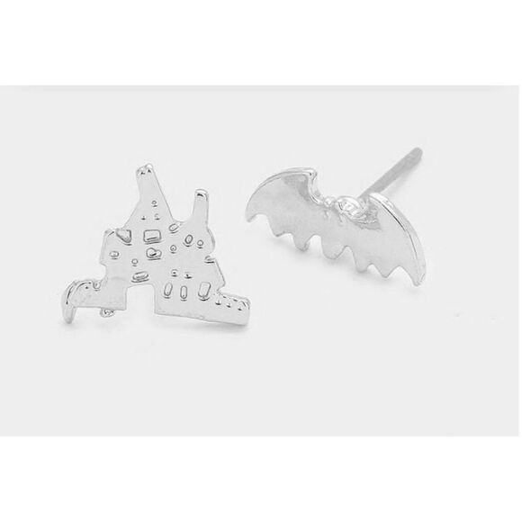 New Womens Girls Hypoallergenic Bat and Haunted House Mismatched Earrings in Sil - Picture 1 of 1